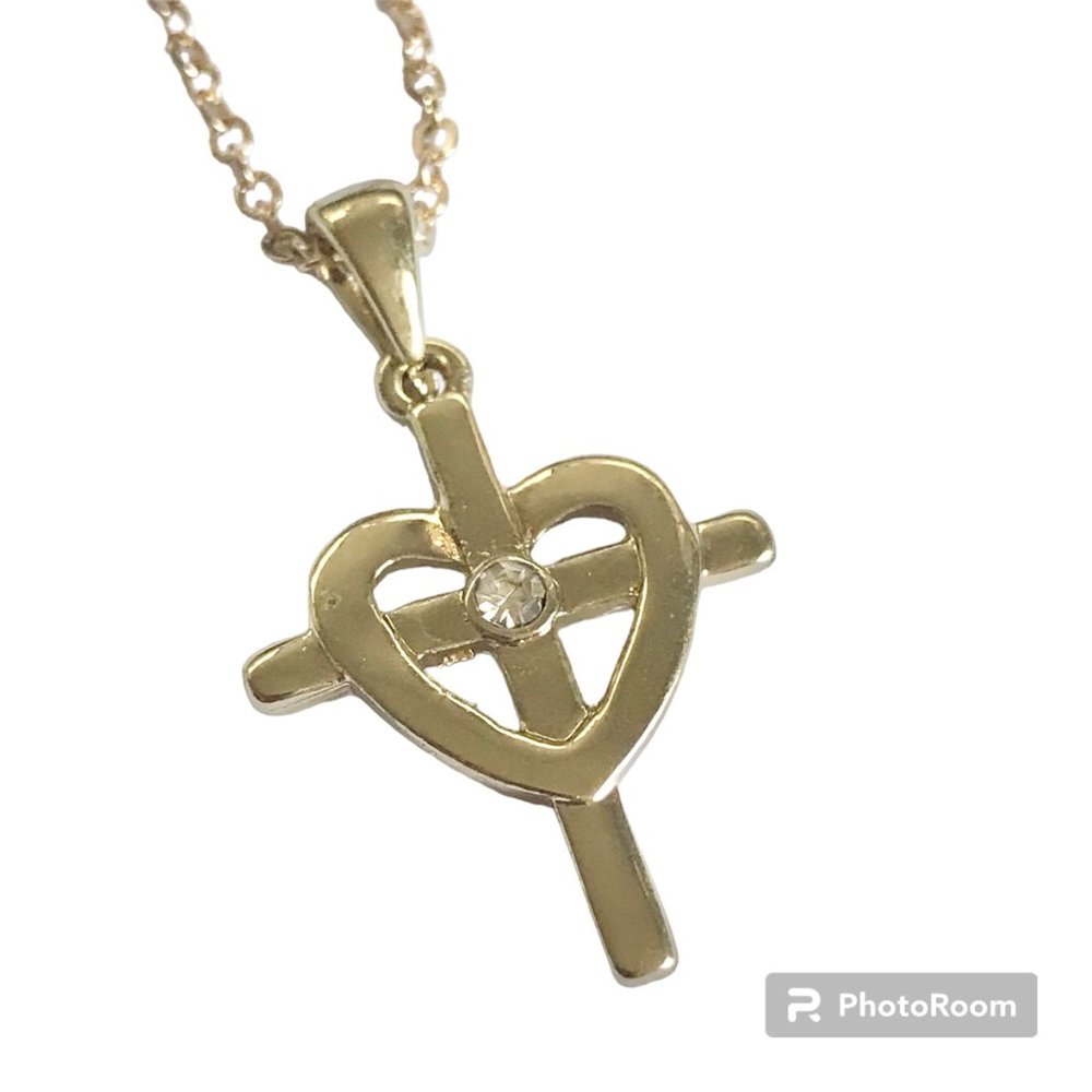Sacred Heart Cross Necklace 18" Gold Plated Crystal Catholic Christian Gift